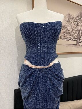 Oh Polly Navy Sequin Strapless Dress
